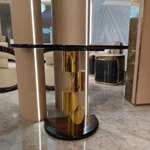 Half-Moon Dark Burl Wood Console Table with Stacked Gold Cylindrical Pedestal